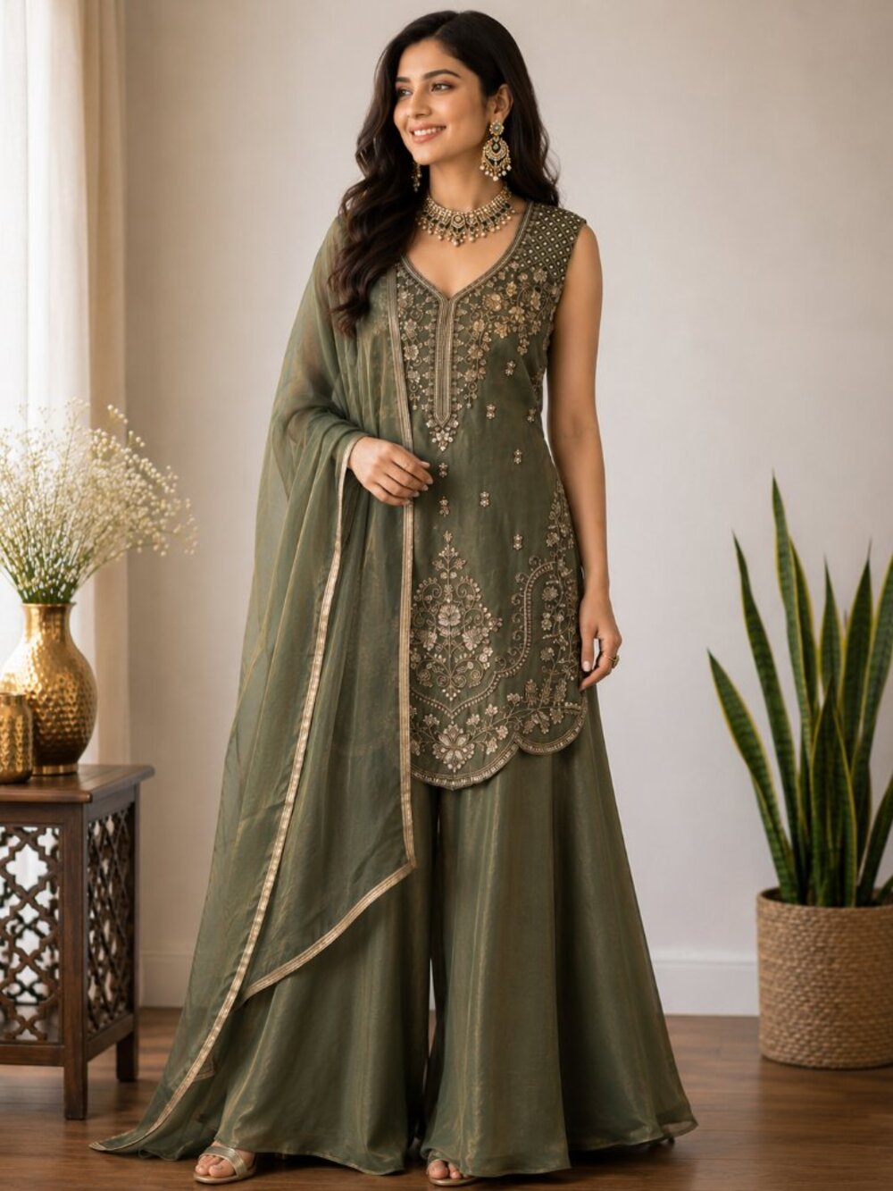 Olive Green Embroidered Anarkali Suit with Sheer Dupatta | Pakistani Party Wear